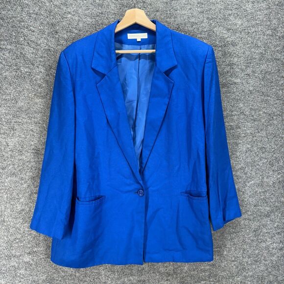 Preston & York Blazer Women 14 Blue One Button Collared Long Sleeve Linen - Picture 1 of 6